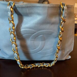 Blue Leather Chain Tote Bag